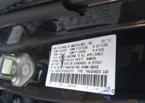 2012 Honda Accord 2.4 Lx-P from USA, damaged, VIN 1HGCP2F41CA092797